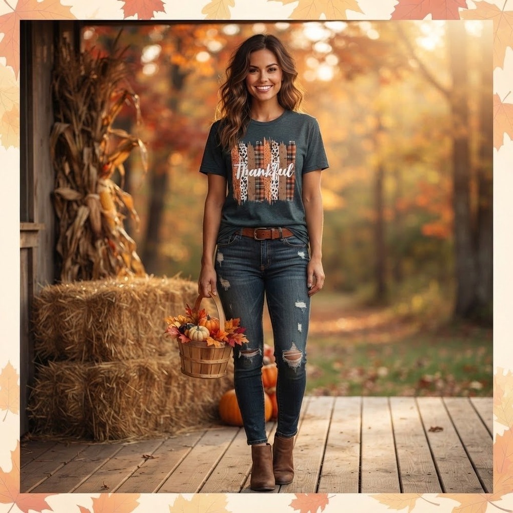 Thankful Graphic Fall T-Shirt Womens Small Teal Green Leopard Plaid Autumn Tee